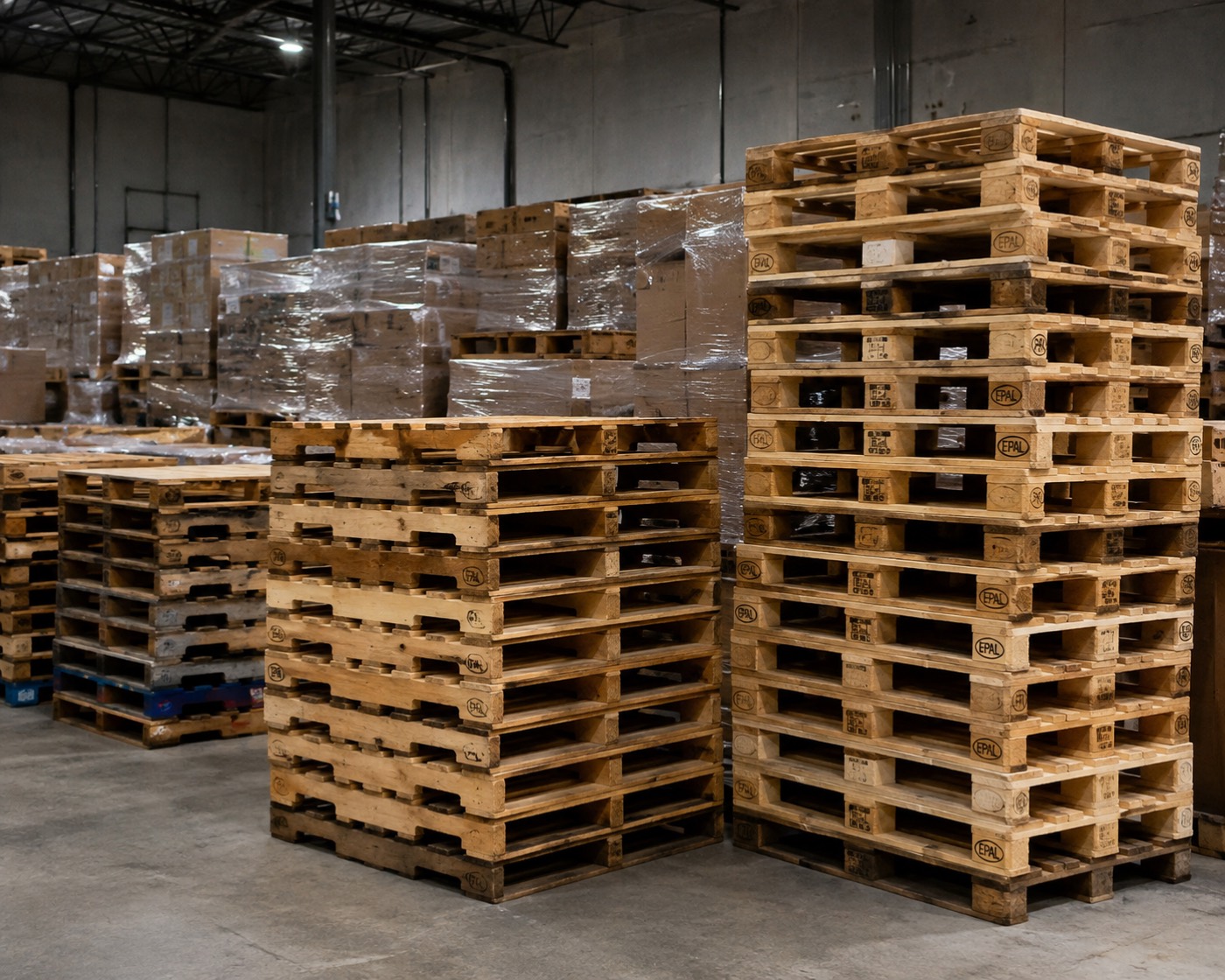 Two tall stacks of reclaimed wooden pallets in a warehouse, stamped and stencilled from previous owners, with shrink-wrapped freight behind them.