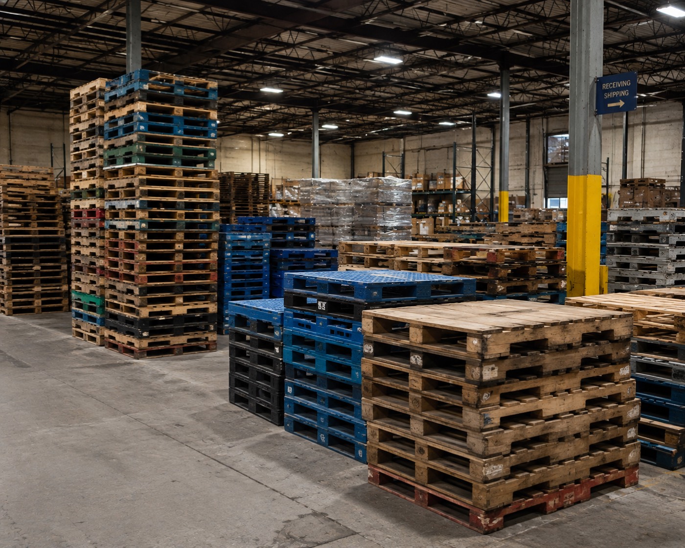 A warehouse aisle lined with stacks of wooden and coloured plastic pallets beside a receiving and shipping sign.