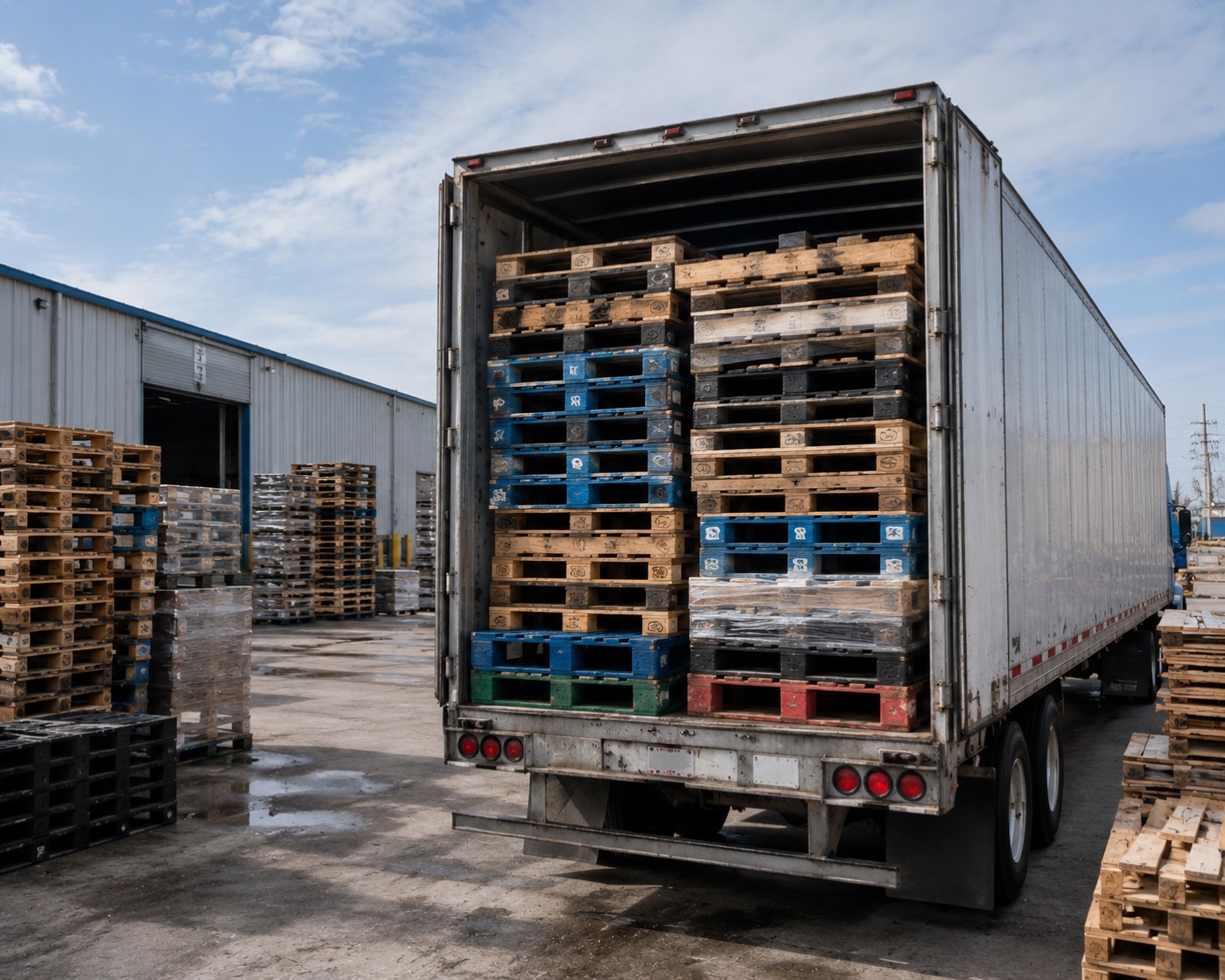 A fifty-three foot trailer backed onto a yard, loaded floor to ceiling with wood and plastic pallets ready to move.