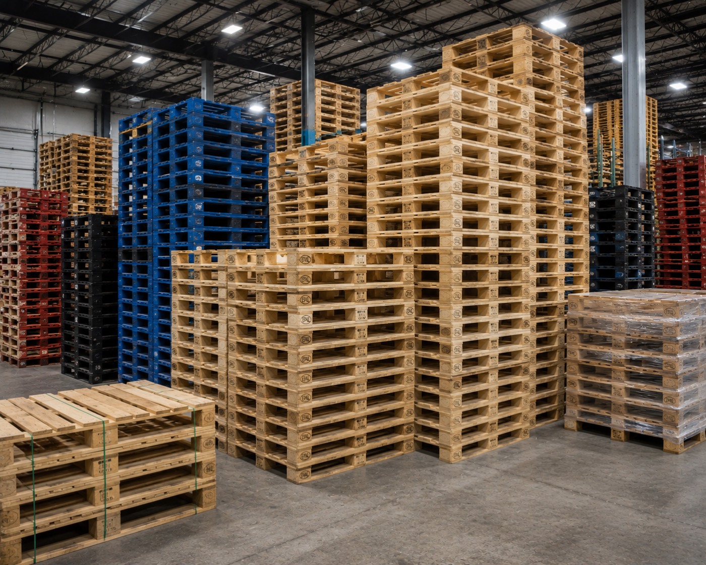 Warehouse stacks separated by type: blue and black plastic pallets, red stock, and blond wooden pallets banded in the foreground.