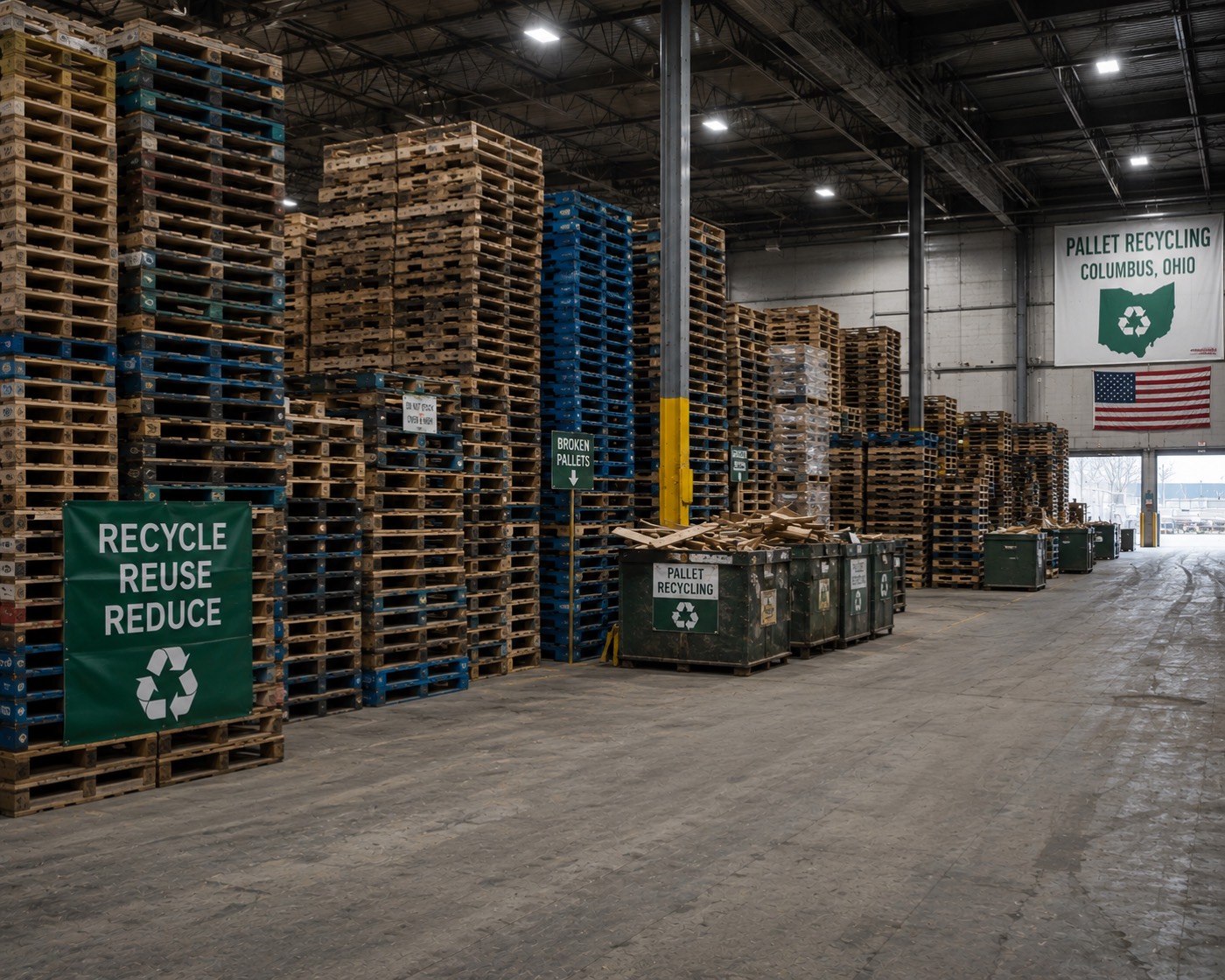 The recycling end of a Columbus pallet yard, with broken-pallet bins, a recycle-reuse-reduce banner and a Pallet Recycling Columbus Ohio sign.
