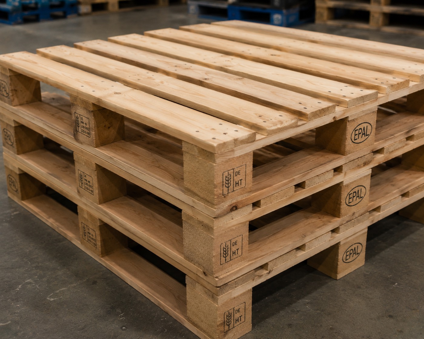 Close-up of new block pallets showing EPAL corner-block marks and IPPC heat-treatment stamps.