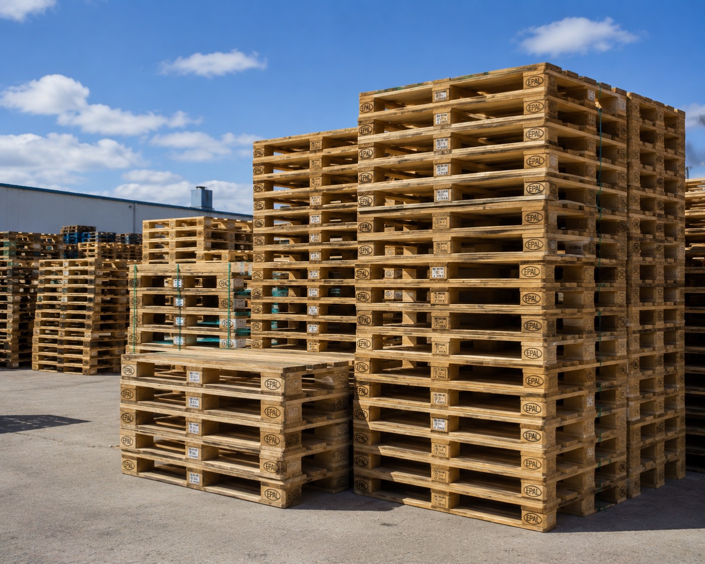Banded stacks of pallets in an outdoor yard under a blue sky, strapped and ready for collection.